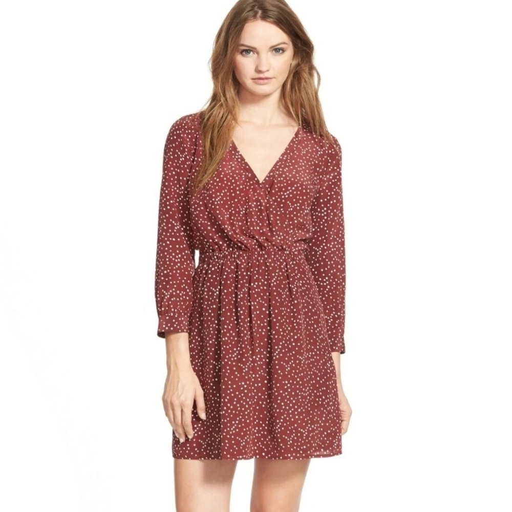Madewell Silk‎ Burgundy Polka Dot Faux Wrap Long Sleeve Dress Size 8